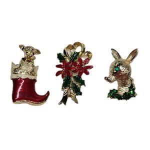 Vintage Gerrys Holiday Christmas  Stocking Deer Ribbon Brooches Set Of 3